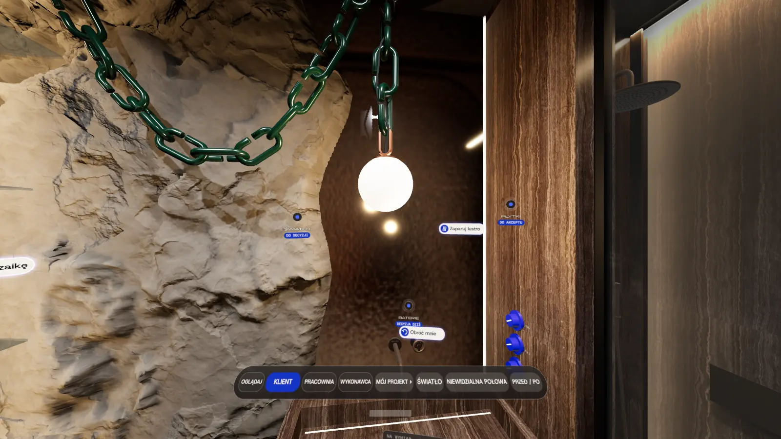Łazienka Project 027 w Cohaos Immersive: łańcuch, kula lampy i kabina prysznicowa