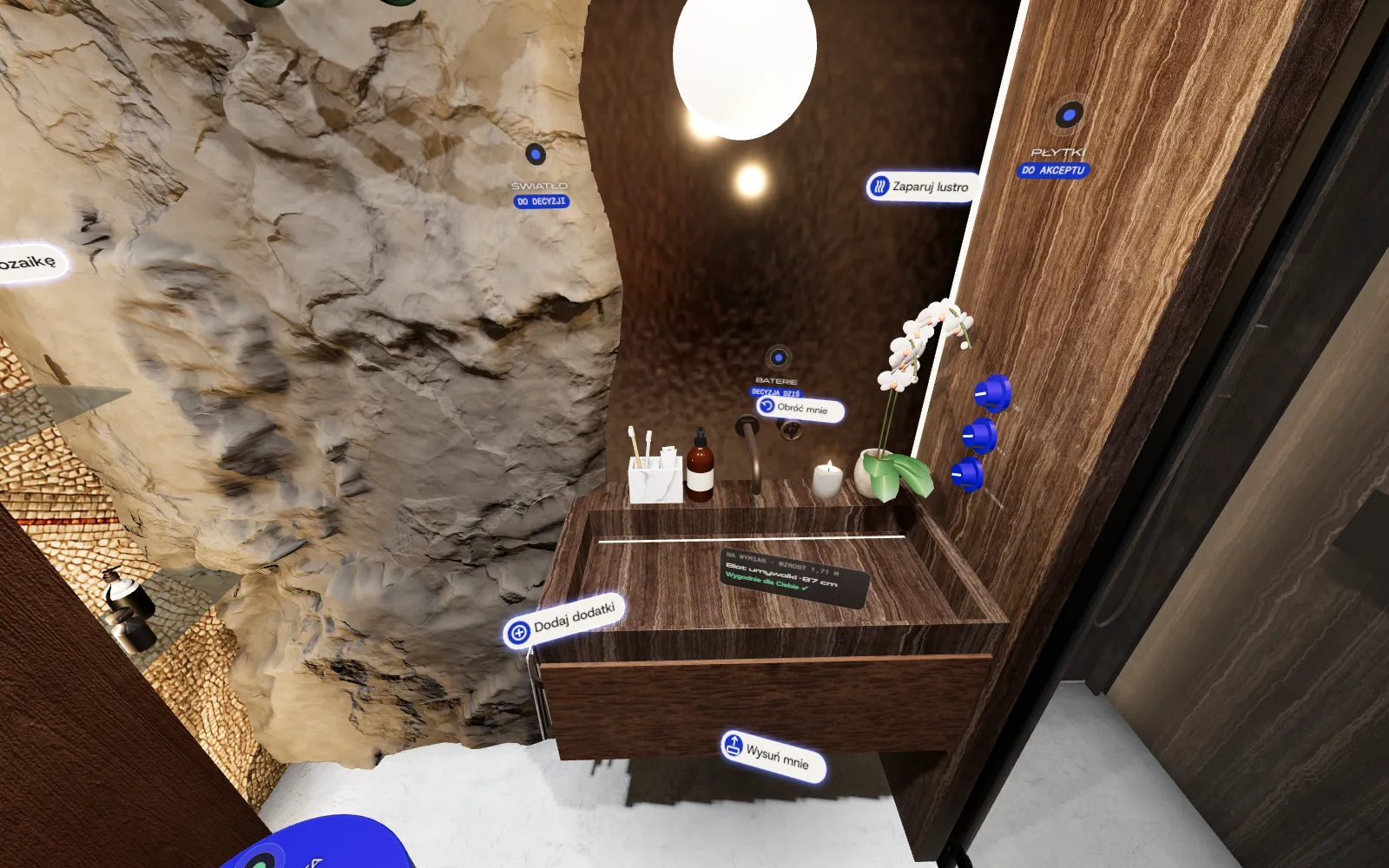 Ta sama umywalka w Cohaos Immersive z dodatkami: storczyk, mydło, kubki i świeca