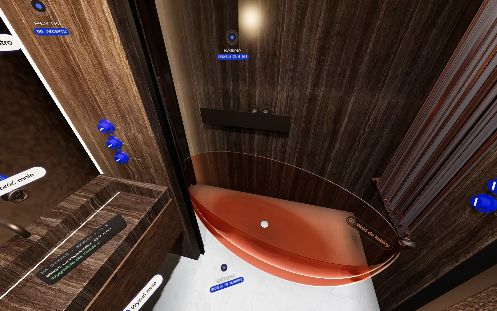 Ta sama łazienka w Cohaos Immersive: transparentna wanna Mexen Pure w miejscu kabiny