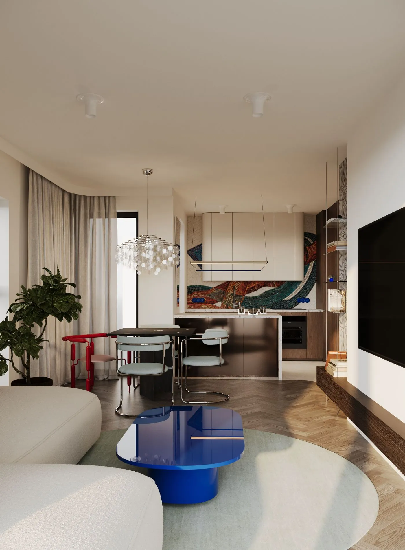Salon Project 027: biała sofa, kobaltowy stolik i czerwone krzesła