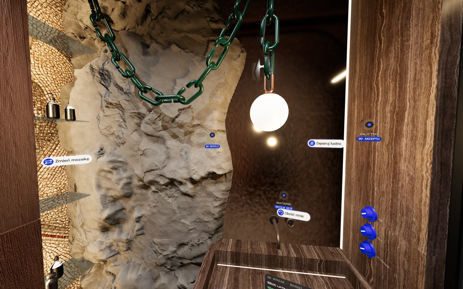 Łazienka Project 027 widziana z gogli: kamień, łańcuch i kula lampy